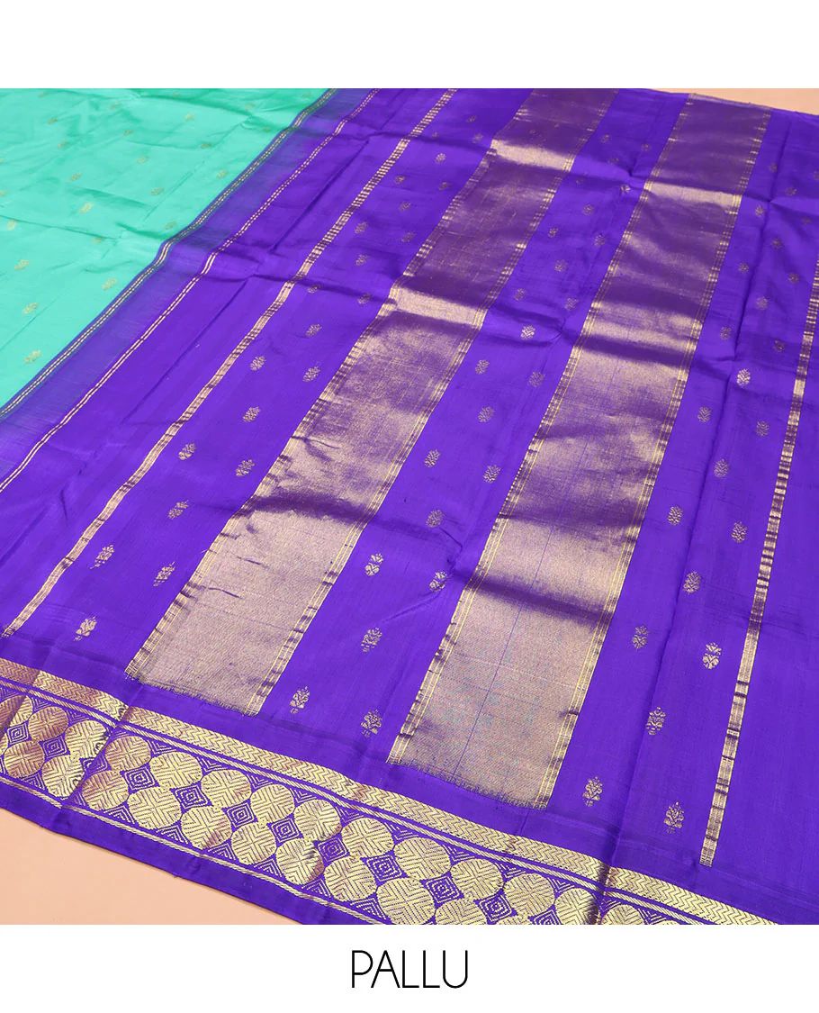 Turquoise Kanchipuram Silk Saree, Beautified with Zari Buttas on Its Body, Complemented by a Contrast One-Sided Korvai Border of Vanki, Banaras, and Rudraksham Designs, Pallu of Zari Designs, and Comes Without a Blouse - Image 5