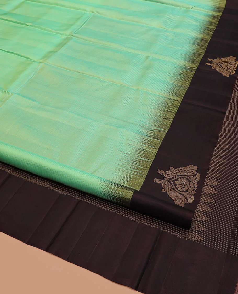 Turquoise Kanchipuram Silk Saree, Subtly Sparkled with Zari Checks on Its Body, Complemented by a Contrast Border of Mayil Designs, Pallu Beautified with Jaal Design, and Paired with a Contrast Blouse - Image 2