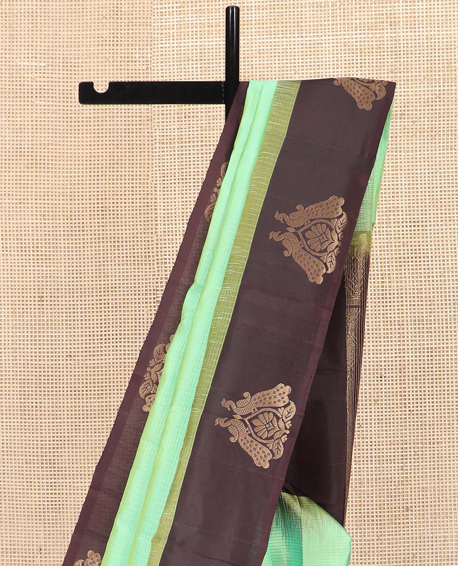Turquoise Kanchipuram Silk Saree, Subtly Sparkled with Zari Checks on Its Body, Complemented by a Contrast Border of Mayil Designs, Pallu Beautified with Jaal Design, and Paired with a Contrast Blouse - Image 3