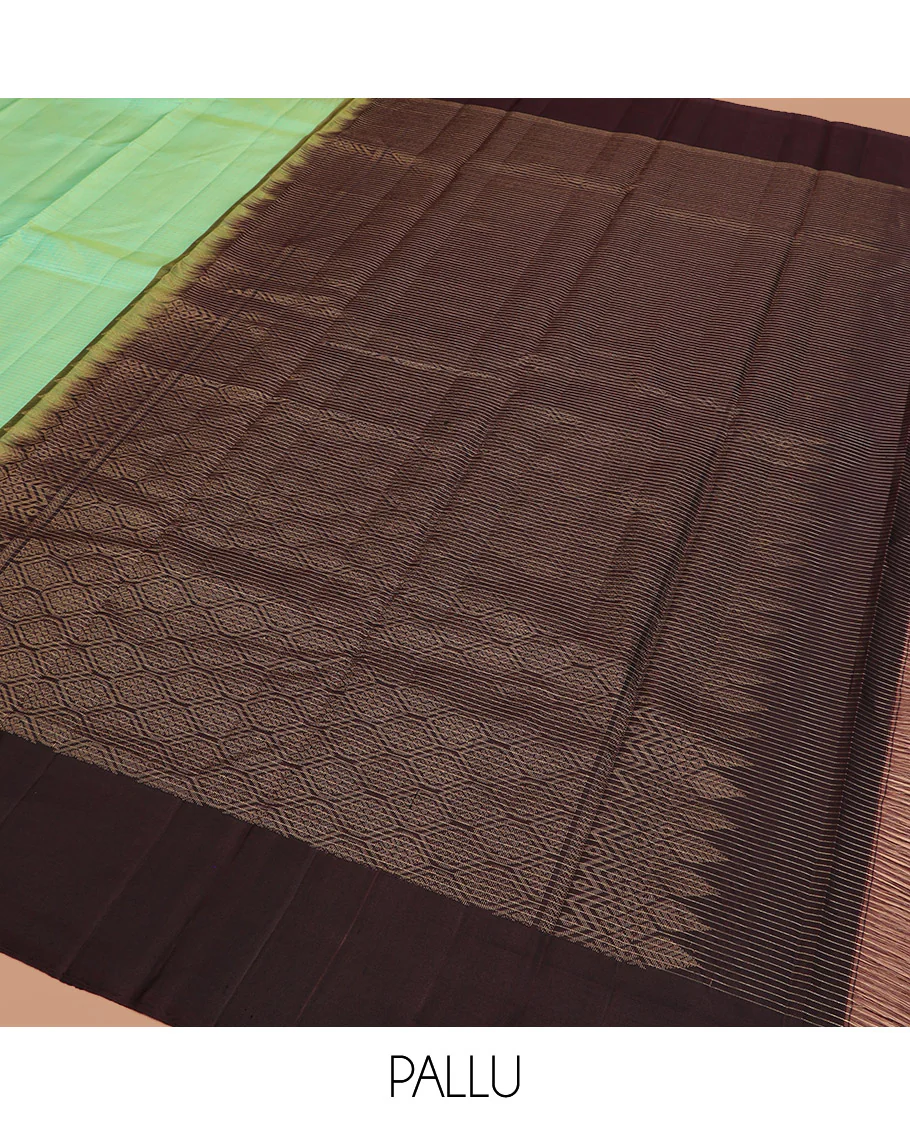 Turquoise Kanchipuram Silk Saree, Subtly Sparkled with Zari Checks on Its Body, Complemented by a Contrast Border of Mayil Designs, Pallu Beautified with Jaal Design, and Paired with a Contrast Blouse - Image 5