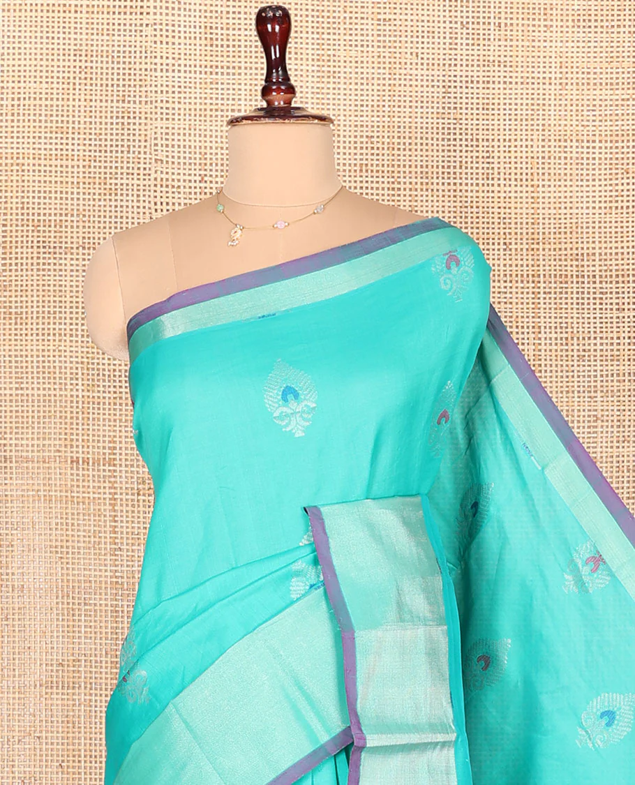 Turquoise Kuppadam Cotton Saree, Sparsely Woven with Meena Buttas All Over Its Body, Complemented by a Bavanji Border, Majestically Detailed Pallu, and Paired with a Contrast Blouse - Image 2