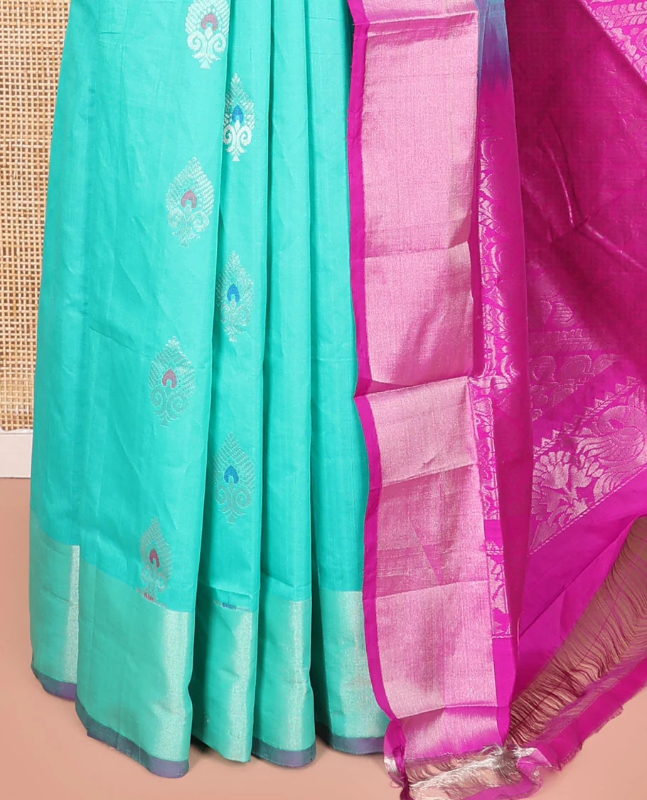 Turquoise Kuppadam Cotton Saree, Sparsely Woven with Meena Buttas All Over Its Body, Complemented by a Bavanji Border, Majestically Detailed Pallu, and Paired with a Contrast Blouse - Image 3