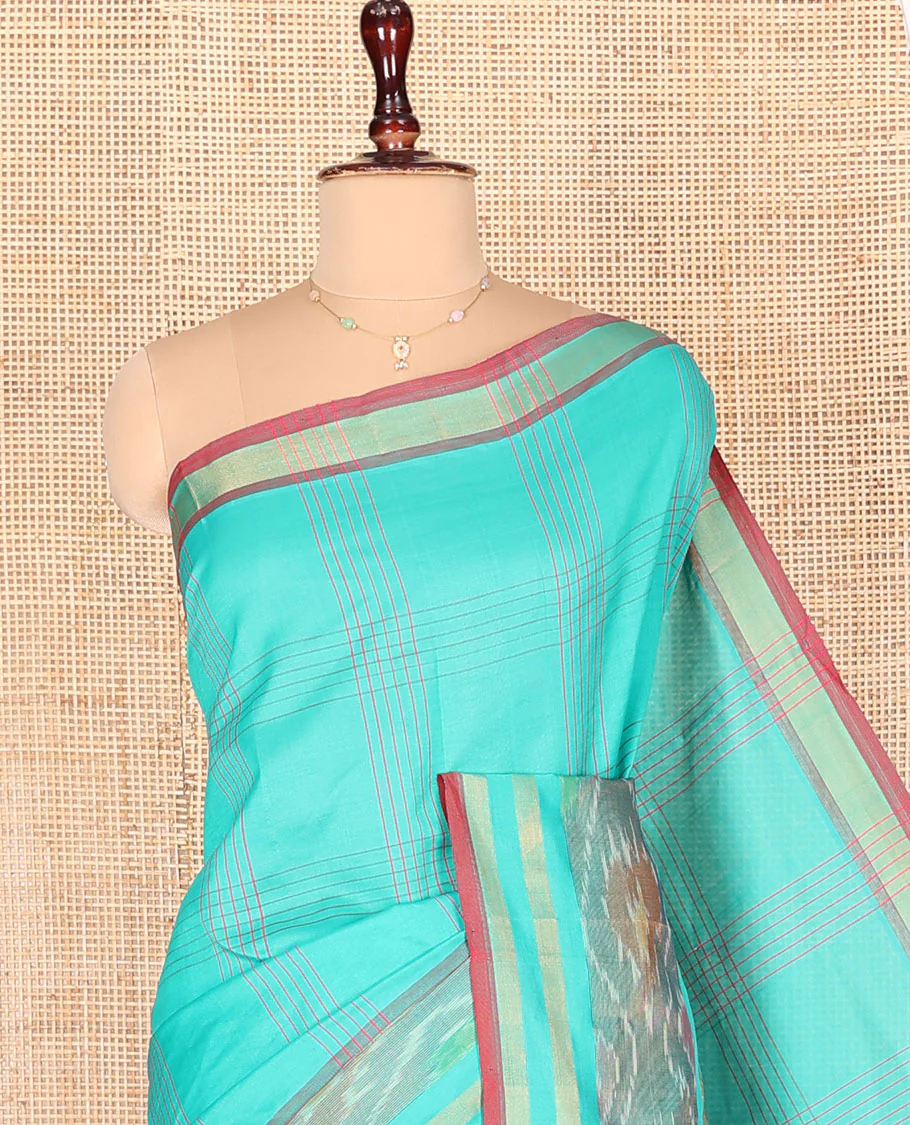 Turquoise Kuppadam Cotton Saree, Subtly Sparkled with Checked Designs on Its Body, Highlighted by Ikkat-Textured Border, Complemented by Contrast Pallu, and Paired with a Contrast Blouse - Image 2