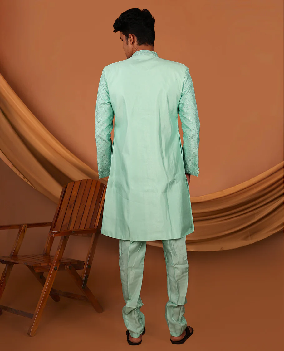 Turquoise Men's Kurta Comes with a Geometric Sequins-Thread Embroidered Full-Sleeved Jacket and Matching Pants - Image 5