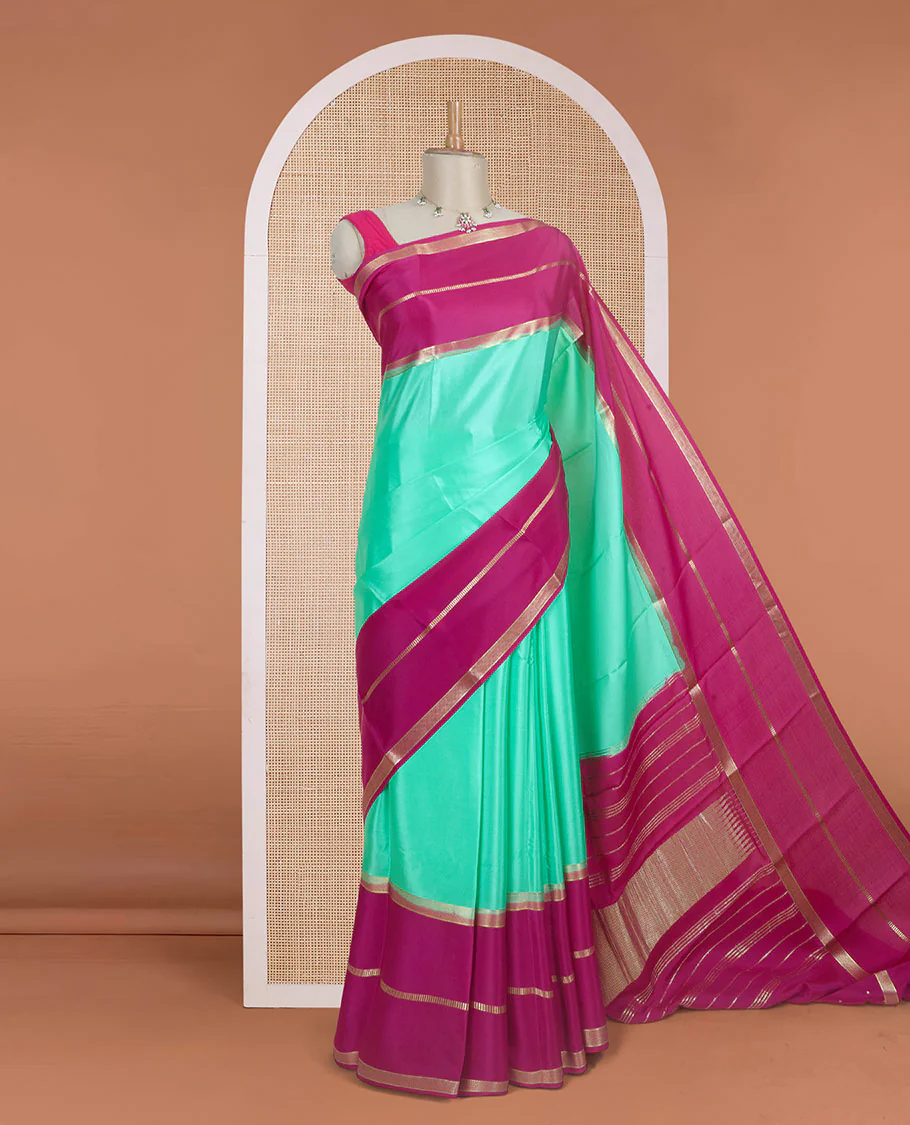 Turquoise plain design Mysore silk saree, contrast rettai pettu borders of zari designs, and pallu of zari stripes & temple design - Image 2