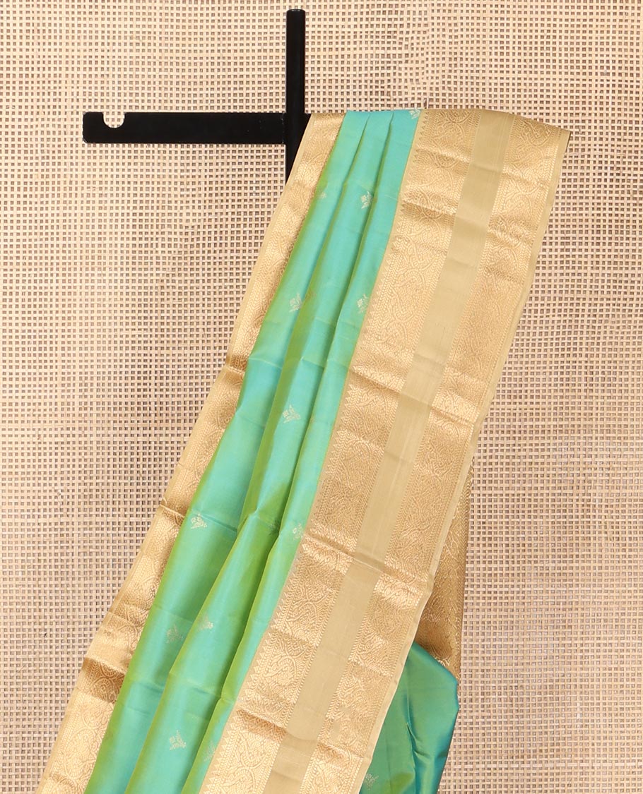 Turquoise Vasundhara Silk Saree, Crafted with Zari Buttas All Over Its Body, Complemented by a Contrast Rettai Pettu Border of Rekku, Muthu, Kathir, and Mayil Designs, Intricately Designed Pallu, and Paired with a Contrast Blouse - Image 3
