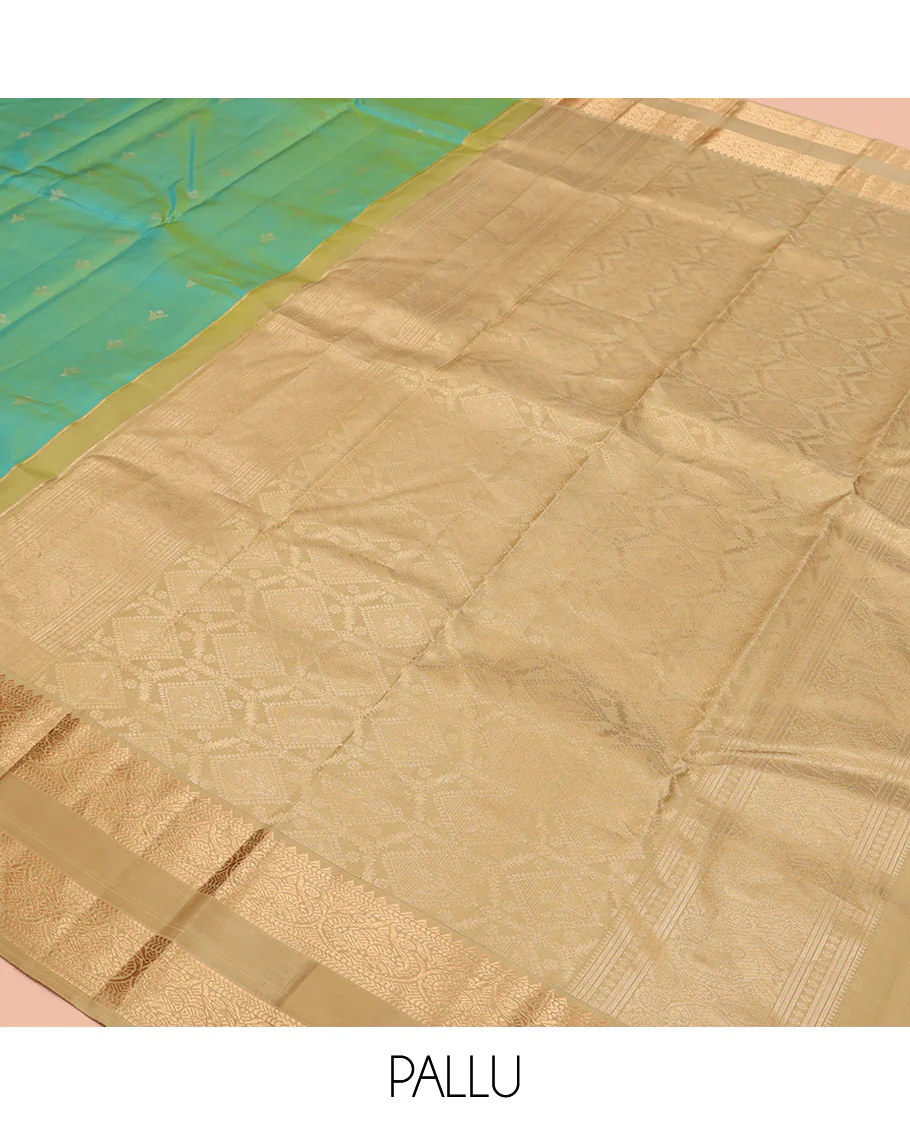 Turquoise Vasundhara Silk Saree, Crafted with Zari Buttas All Over Its Body, Complemented by a Contrast Rettai Pettu Border of Rekku, Muthu, Kathir, and Mayil Designs, Intricately Designed Pallu, and Paired with a Contrast Blouse - Image 5