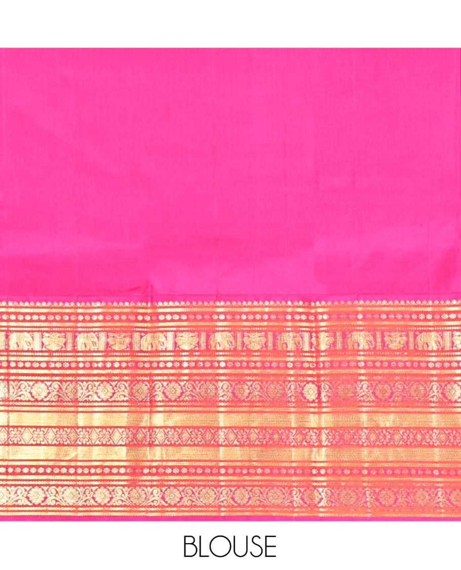 Turquoise Vasundhara Silk Saree, Embellished with Zari Buttas All Over Its Body, Complemented by a Contrast Border of Thilakam Mokku, Yaanai, Iruthalai Pakshi, and Kodi Visiry Designs, Grand Pallu, and Paired with a Contrast Blouse - Image 6