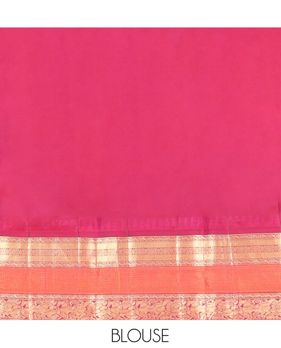 Turquoise Vasundhara Silk Saree, Meticulously Crafted with Zari Buttas on Its Body, Complemented by Contrast Border of Muthu, Mayil Kann, Chakram, Mayil, and Kuthirai Designs, an Intricately Designed Pallu, and Paired with a Contrast Blouse - Image 6
