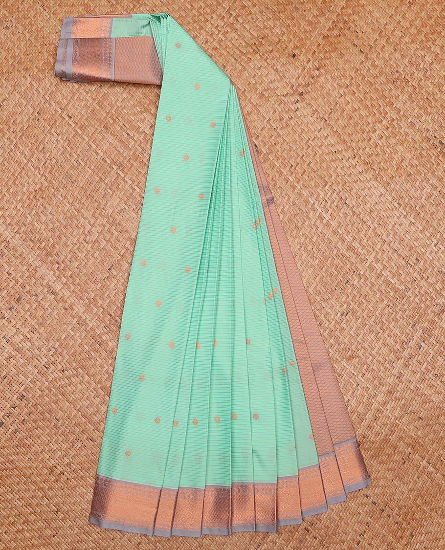 Turquoise zari buttas and striped gift saree, contrast traditional zari design woven border, and jaal pallu - Image 2