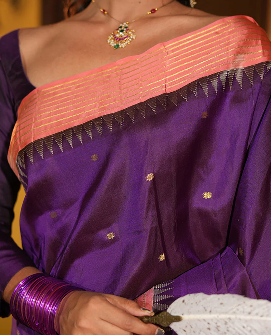 Vadamalli and Peach Pink Vasundhara Silk Saree, Enriched with Kamalam Zari Buttas All Over Its Body, Complemented by a Contrast Thazampoo Rekku Border of Banaras Designs, Gleaming Zari Striped Pallu, and Paired with a Contrast Blouse - Image 2