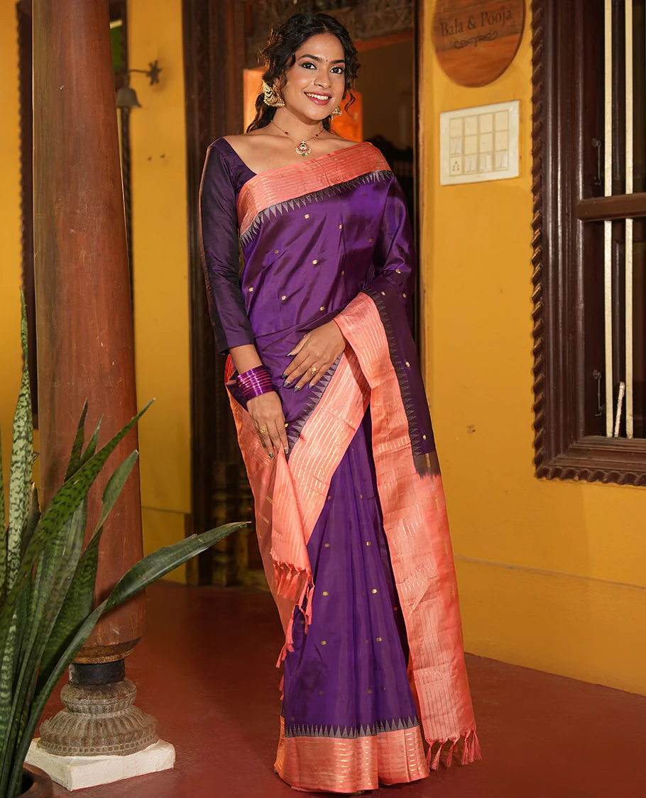 Vadamalli and Peach Pink Vasundhara Silk Saree, Enriched with Kamalam Zari Buttas All Over Its Body, Complemented by a Contrast Thazampoo Rekku Border of Banaras Designs, Gleaming Zari Striped Pallu, and Paired with a Contrast Blouse - Image 4
