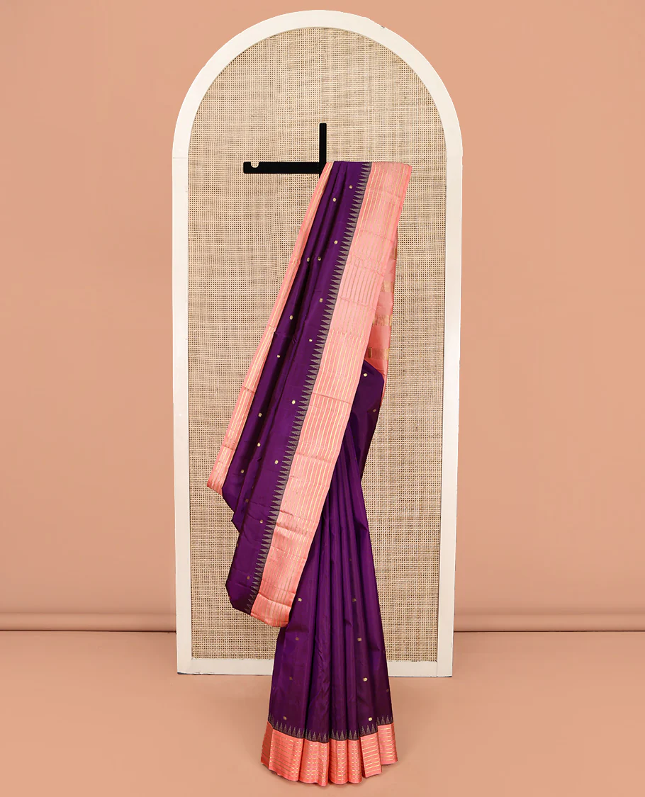 Vadamalli and Peach Pink Vasundhara Silk Saree, Enriched with Kamalam Zari Buttas All Over Its Body, Complemented by a Contrast Thazampoo Rekku Border of Banaras Designs, Gleaming Zari Striped Pallu, and Paired with a Contrast Blouse - Image 7