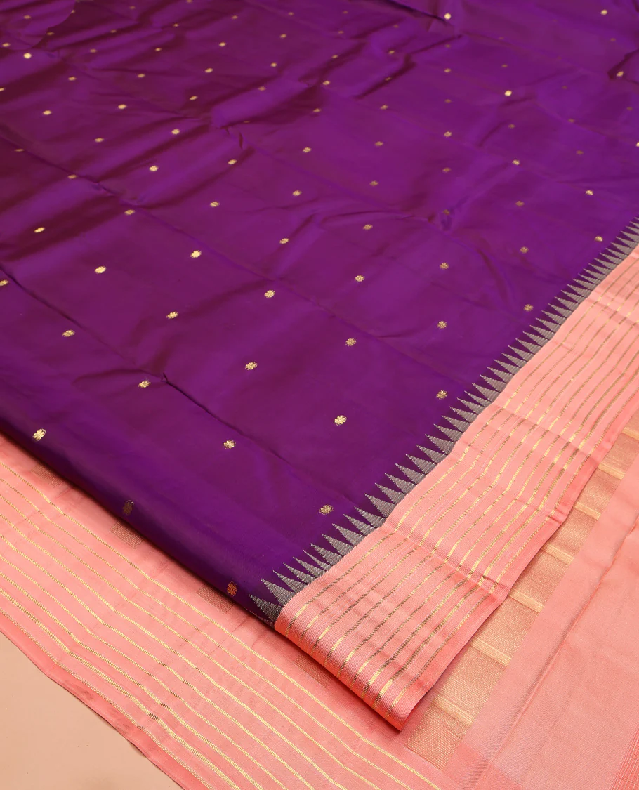 Vadamalli and Peach Pink Vasundhara Silk Saree, Enriched with Kamalam Zari Buttas All Over Its Body, Complemented by a Contrast Thazampoo Rekku Border of Banaras Designs, Gleaming Zari Striped Pallu, and Paired with a Contrast Blouse - Image 8