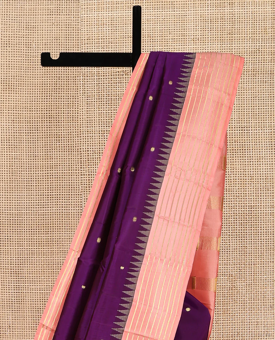 Vadamalli and Peach Pink Vasundhara Silk Saree, Enriched with Kamalam Zari Buttas All Over Its Body, Complemented by a Contrast Thazampoo Rekku Border of Banaras Designs, Gleaming Zari Striped Pallu, and Paired with a Contrast Blouse - Image 9