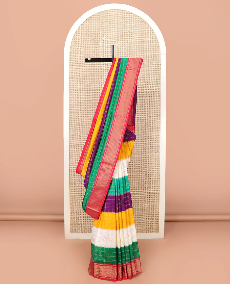 Vibrant Multi-Coloured Blocked Ikkat Silk Saree with Gleaming Zari Checks, Highlighted with a Contrast Border, Jaal Patterned Pallu, and a Contrast Blouse - Image 2