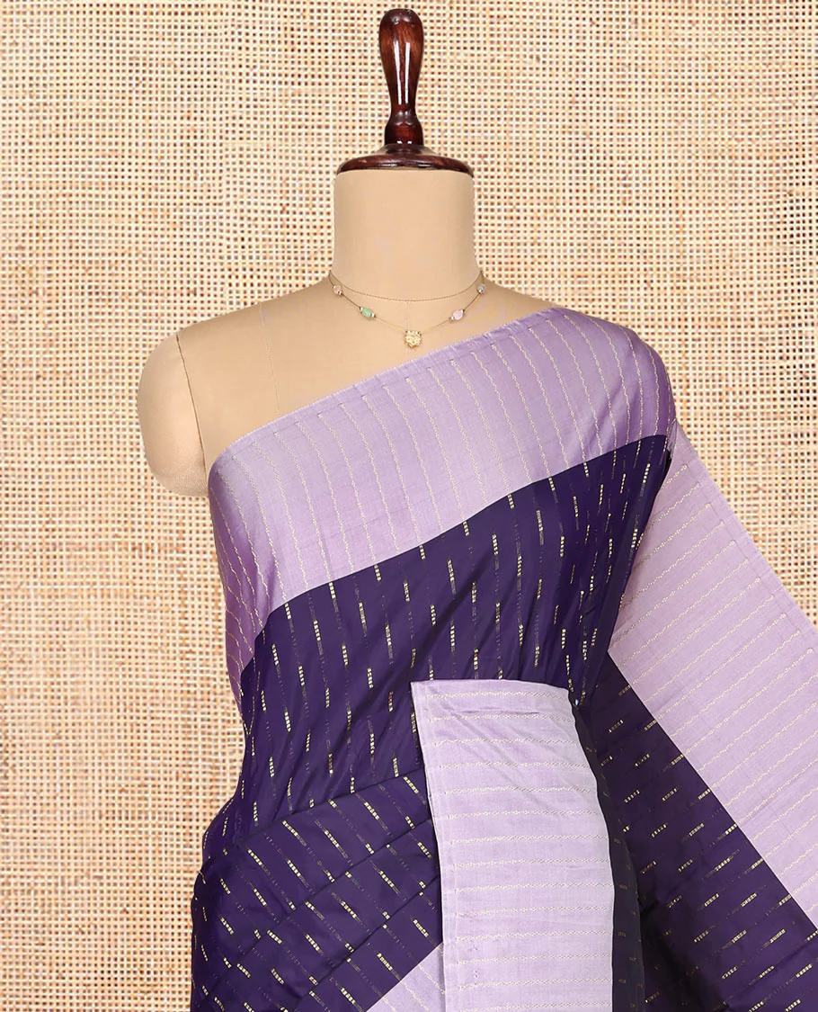 Violet  Aarani Gift Saree, Detailed with Butta on Its Body, Complemented by a Contrast-Zari Striped Border, Zari-Striped Pallu, and Paired with a Contrast Blouse - Image 2