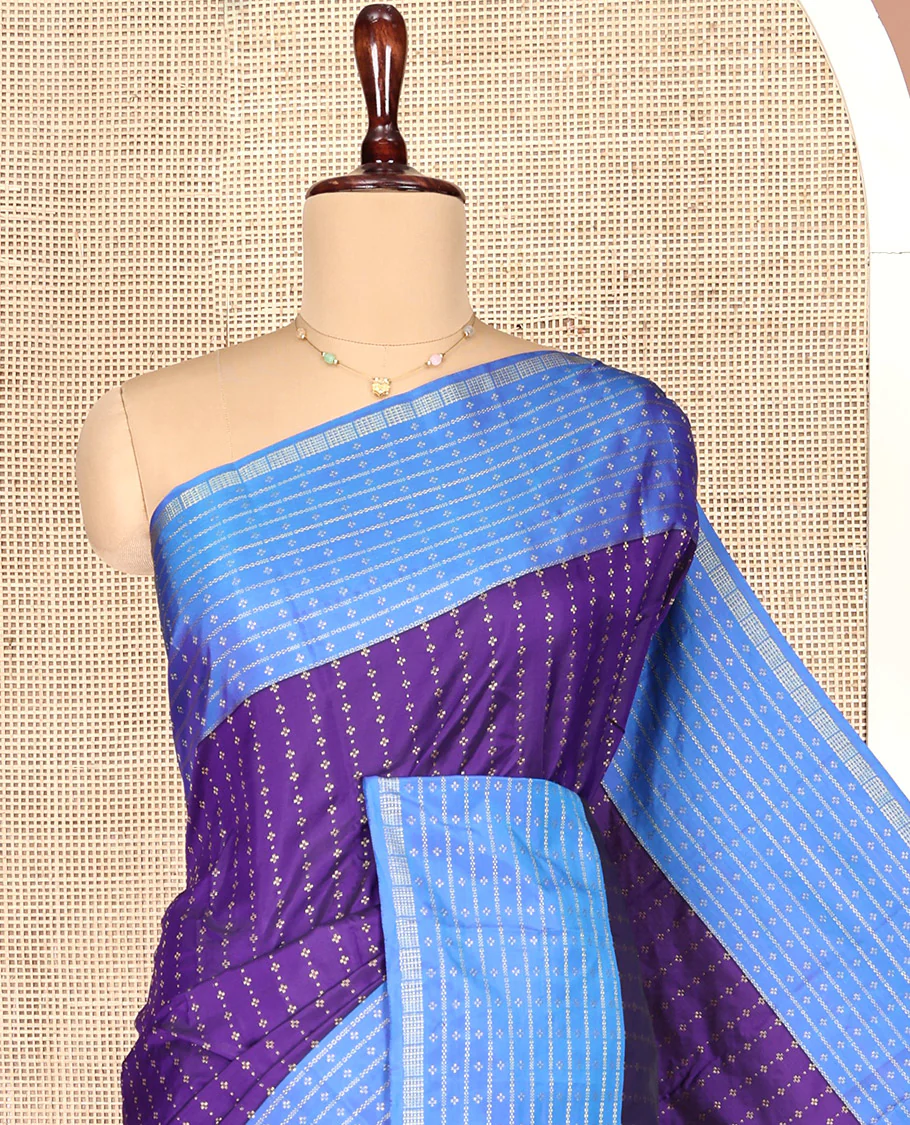 Violet Aarani Gift Saree, Steeped in Richness with Buttas on Its Body, Complemented by a Contrast Striped and Buttas Border, a Pallu of Stripes, and Paired with a Contrast Blouse - Image 2
