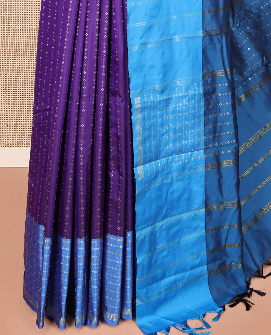 Violet Aarani Gift Saree, Steeped in Richness with Buttas on Its Body, Complemented by a Contrast Striped and Buttas Border, a Pallu of Stripes, and Paired with a Contrast Blouse - Image 3