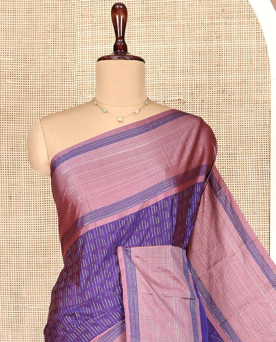 Violet Aarani Gift Saree, Steeped with Buttas on Its Body, Complemented by a Contrast Border, a Self-Pallu of Stripes, and Paired with a Matching Blouse - Image 2