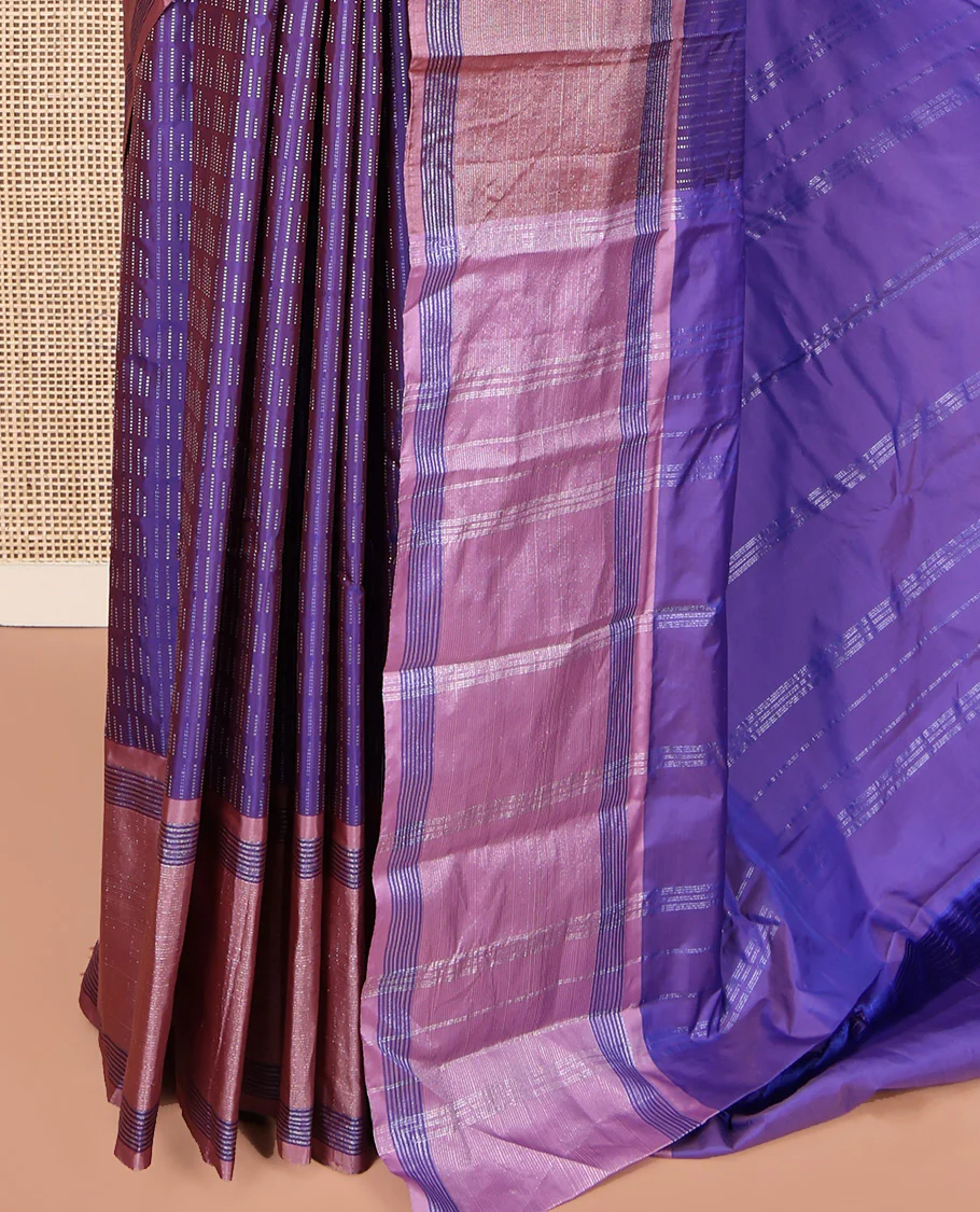 Violet Aarani Gift Saree, Steeped with Buttas on Its Body, Complemented by a Contrast Border, a Self-Pallu of Stripes, and Paired with a Matching Blouse - Image 3