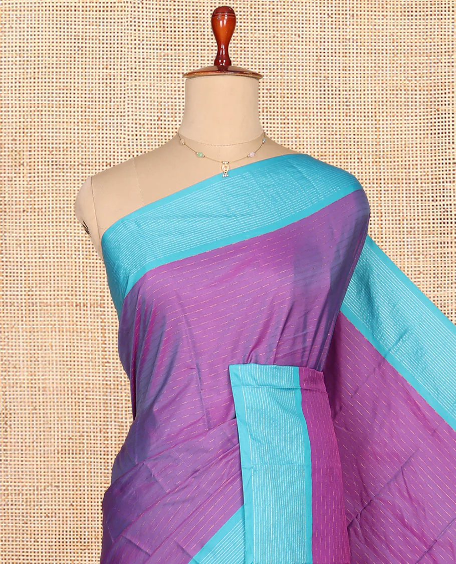 Violet Aarani Gift Saree, Woven with Zari Buttas on Its Body, Complemented by a Contrast Border, Pallu of Stripes, and Paired with a Matching Blouse - Image 2