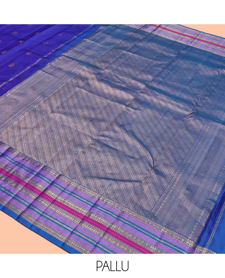 Violet and Mayil Blue Vasundhara Silk Saree, Subtly Sparkled with Zari Buttas All Over Its Body, Highlighted by Self-Border of Thilakam Mokku, Rudraksham, Muthu, and Mayil Kann Designs, Diagonally Striped Pallu, and Paired with a Matching Blouse - Image 5