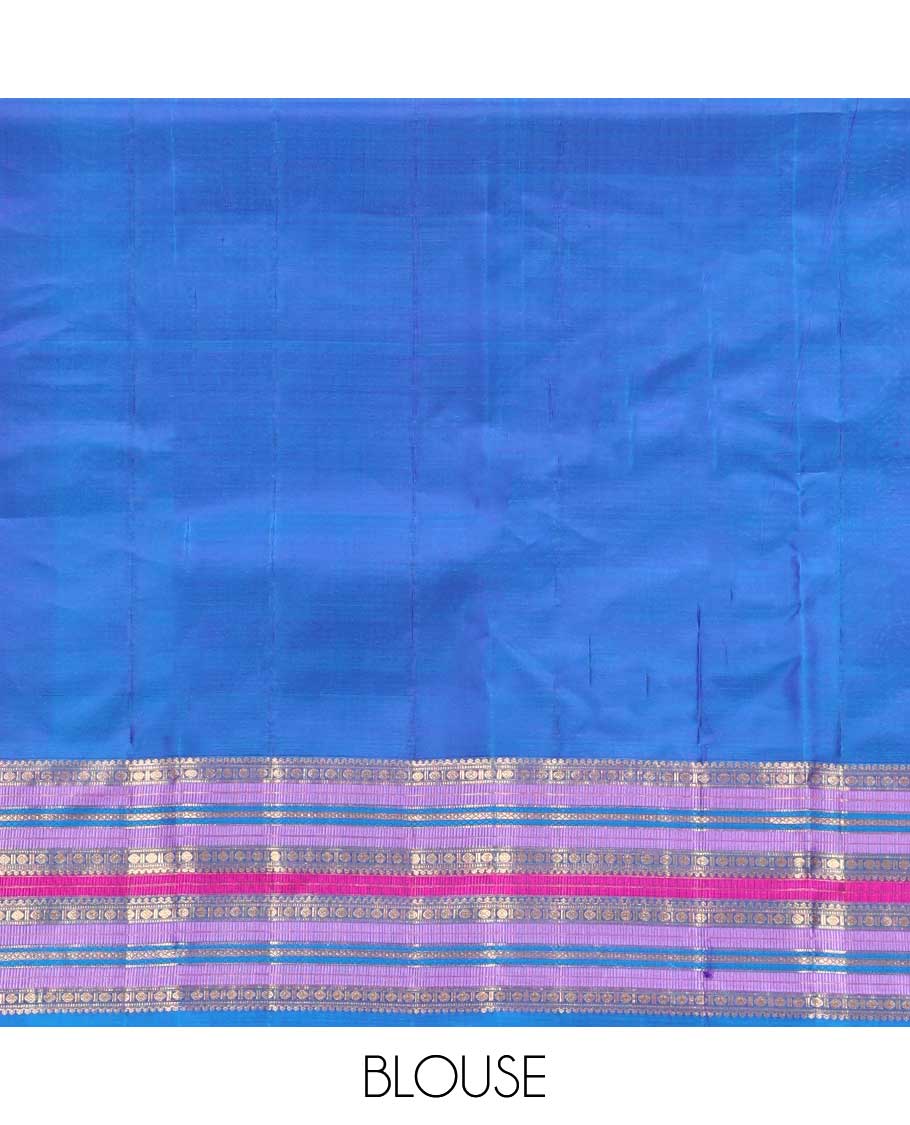 Violet and Mayil Blue Vasundhara Silk Saree, Subtly Sparkled with Zari Buttas All Over Its Body, Highlighted by Self-Border of Thilakam Mokku, Rudraksham, Muthu, and Mayil Kann Designs, Diagonally Striped Pallu, and Paired with a Matching Blouse - Image 6