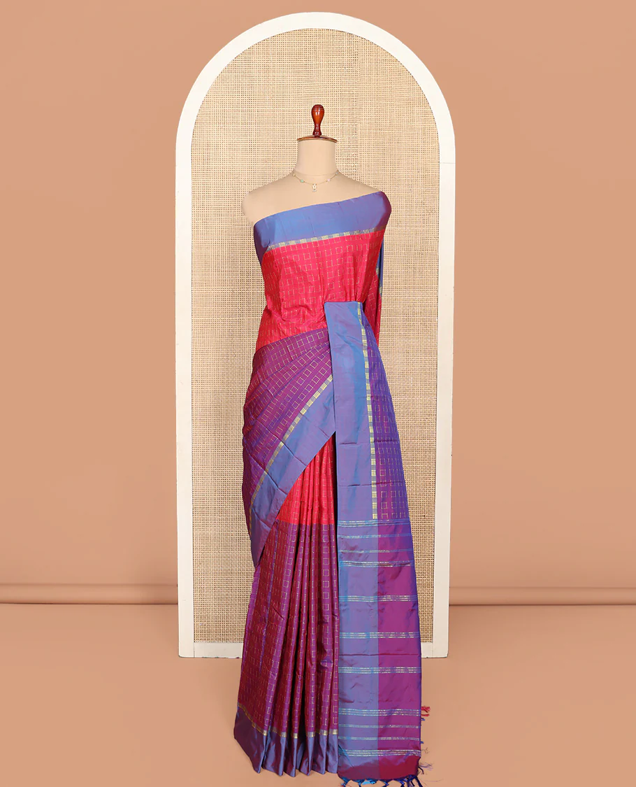 Violet and Pink Aarani Silk Saree, Graced with a Zari Checked Design on Its Body, Complemented by a Contrast Border, Pallu of Zari Stripes, and Paired with a Contrast Blouse - Image 3