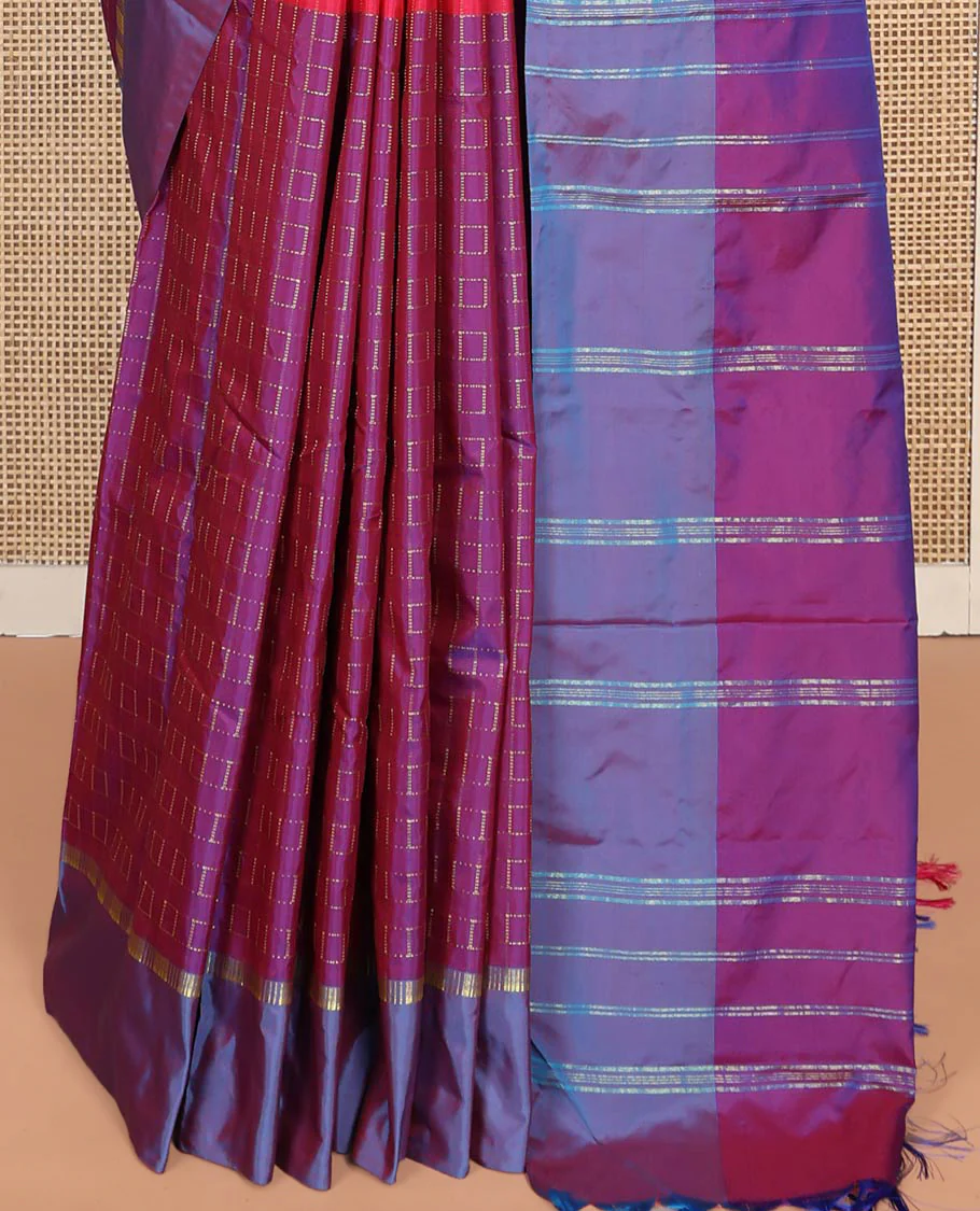 Violet and Pink Aarani Silk Saree, Graced with a Zari Checked Design on Its Body, Complemented by a Contrast Border, Pallu of Zari Stripes, and Paired with a Contrast Blouse - Image 4
