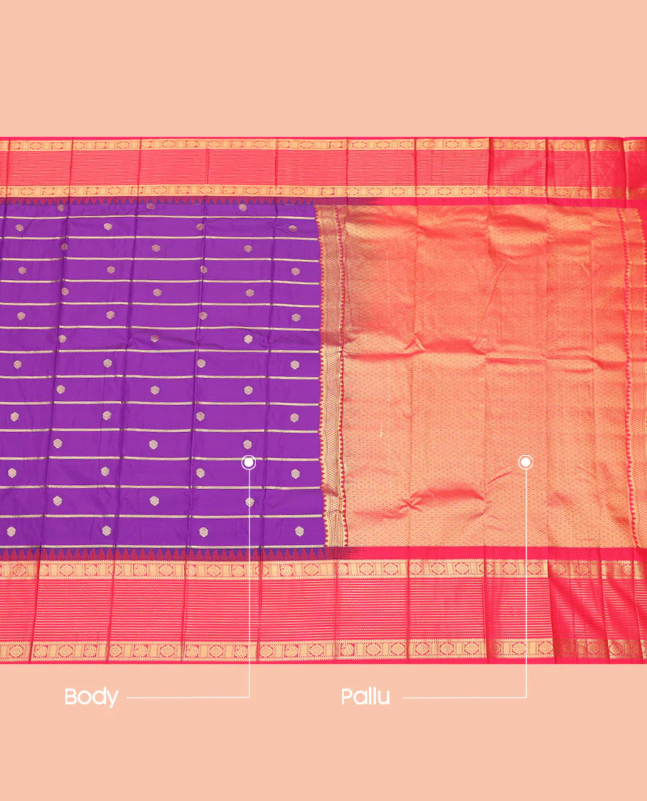 Violet Budget Silk Saree, Decorated with Zari Buttas and Stripes, Contrast Traditional Zari Temple Border, Grand Jaal Pallu, and a Contrast Blouse - Image 3