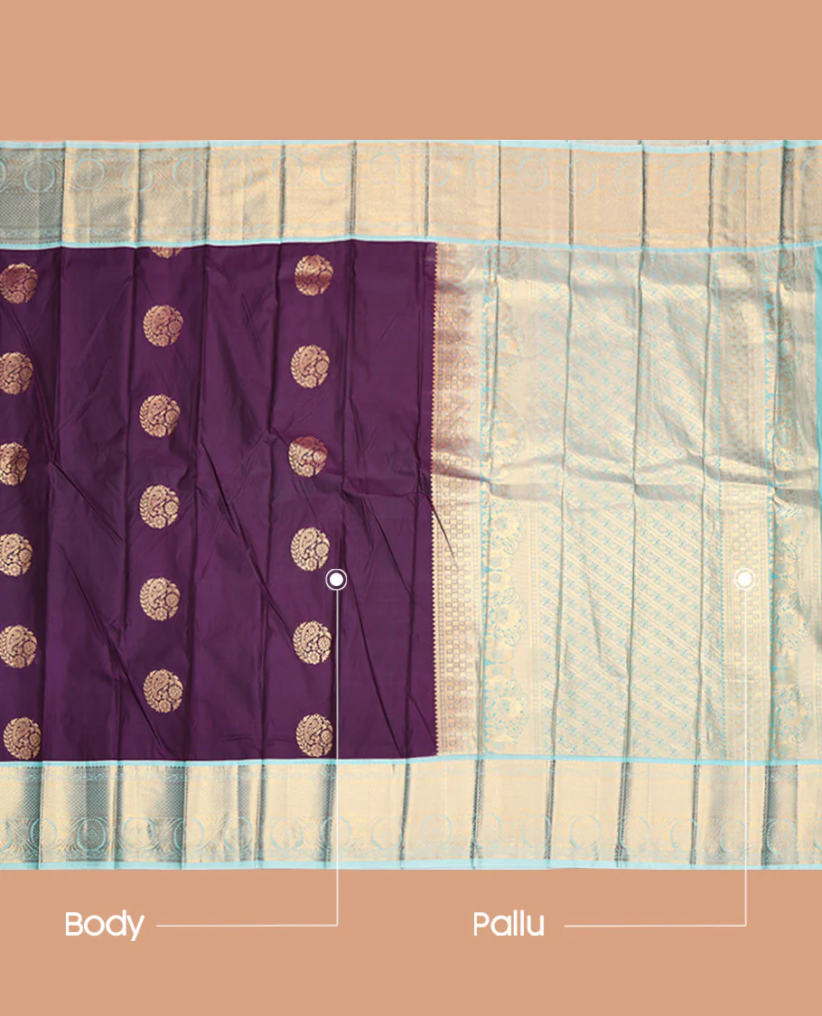 Violet Budget Silk Saree, Enthralled with Zari Buttas, Contrast Traditional Zari Border, Intricately Designed Pallu, and a Contrast Blouse - Image 3