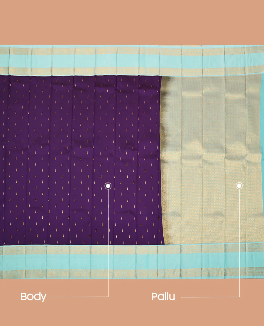 Violet Budget Silk Saree, Finely Crafted with Temple Zari Buttas All Over Its Body, Complemented by a Contrast Traditional Zari Design Rettai Pettu Border, Grand Jaal Pallu, and Paired with a Contrast Blouse - Image 3