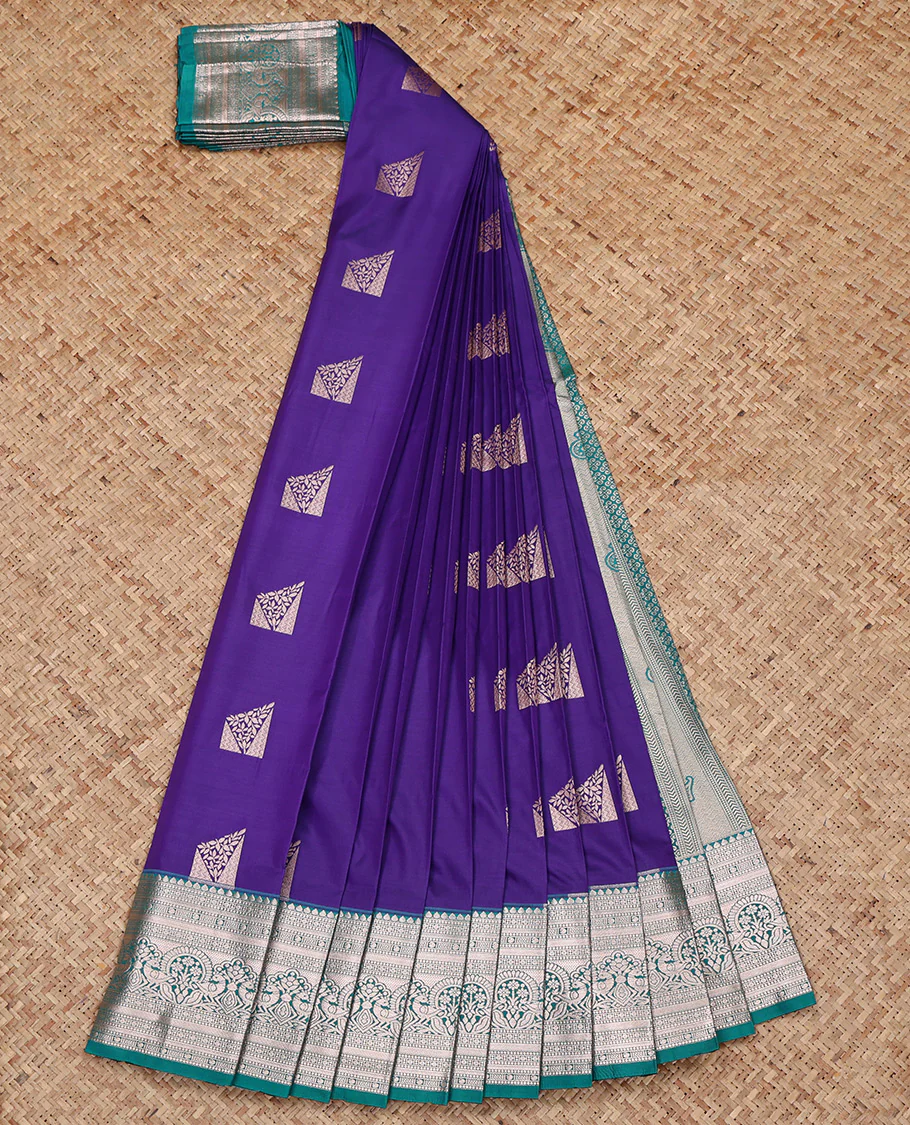 Violet Budget Silk Saree, Mesmerized with Zari Buttas All Over Its Body, Complemented by a Contrast Traditional Zari Design Border, Intricate Pallu, and Paired with a Contrast Blouse - Image 2