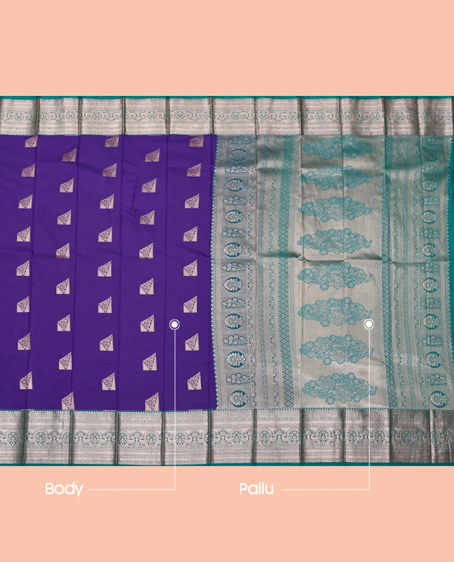 Violet Budget Silk Saree, Mesmerized with Zari Buttas All Over Its Body, Complemented by a Contrast Traditional Zari Design Border, Intricate Pallu, and Paired with a Contrast Blouse - Image 3