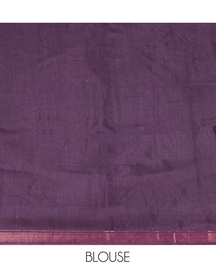 Violet Chanderi Cotton Saree, Elevated with Intricate Bagru Print and Mirror Work on Its Body, a Subtle Printed Border, Pallu of Paisleys Block Print, and Has a Plain Blouse - Image 3