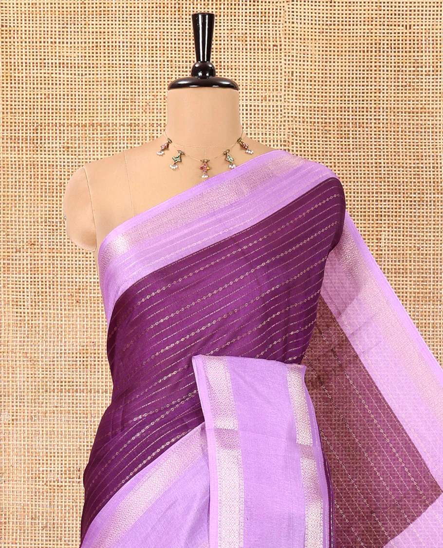 Violet Dola Silk Saree, Bedecked with Zari Stripes, Contrast Traditional Zari Border, Striped Pallu, and a Contrast Blouse - Image 2