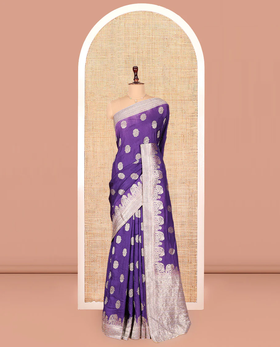 Violet Dola Silk Saree, Delicately Woven with Buttas on Its Body, Complemented by Contrast Border of Traditional and Embroidery Work, Intricately Designed Pallu, and Paired with a Contrast Blouse - Image 3