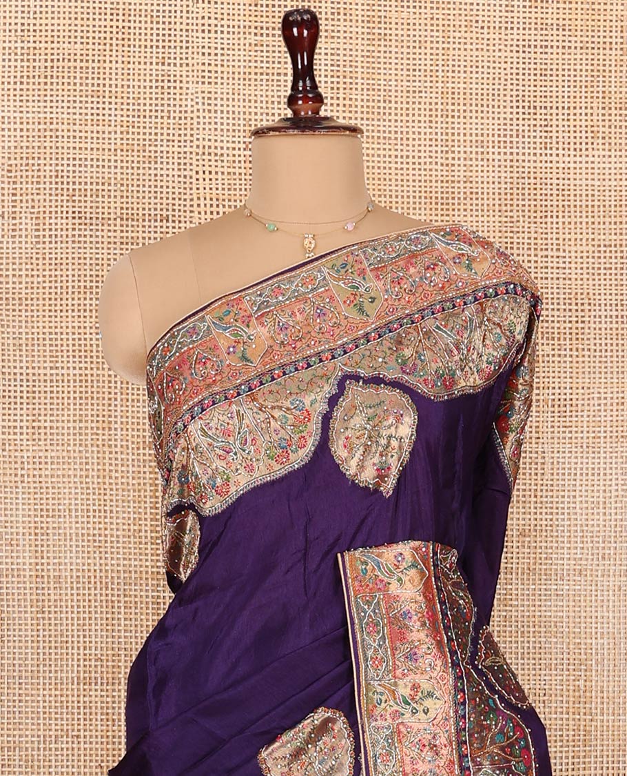 Violet Dola Silk Saree, Uniquely Detailed with Patch Embroidery on Its Body, Highlighted by a Patch Embroidered Border, Pallu Depicts Flora, Fauna, and Human Design Embroidery, and Paired with a Matching Blouse - Image 2