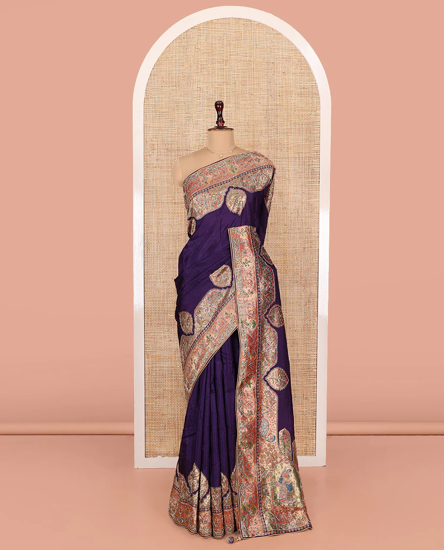 Violet Dola Silk Saree, Uniquely Detailed with Patch Embroidery on Its Body, Highlighted by a Patch Embroidered Border, Pallu Depicts Flora, Fauna, and Human Design Embroidery, and Paired with a Matching Blouse - Image 3
