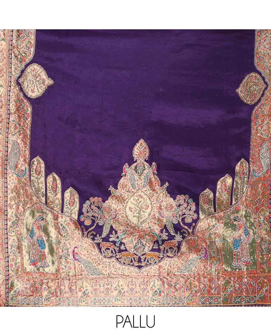 Violet Dola Silk Saree, Uniquely Detailed with Patch Embroidery on Its Body, Highlighted by a Patch Embroidered Border, Pallu Depicts Flora, Fauna, and Human Design Embroidery, and Paired with a Matching Blouse - Image 5