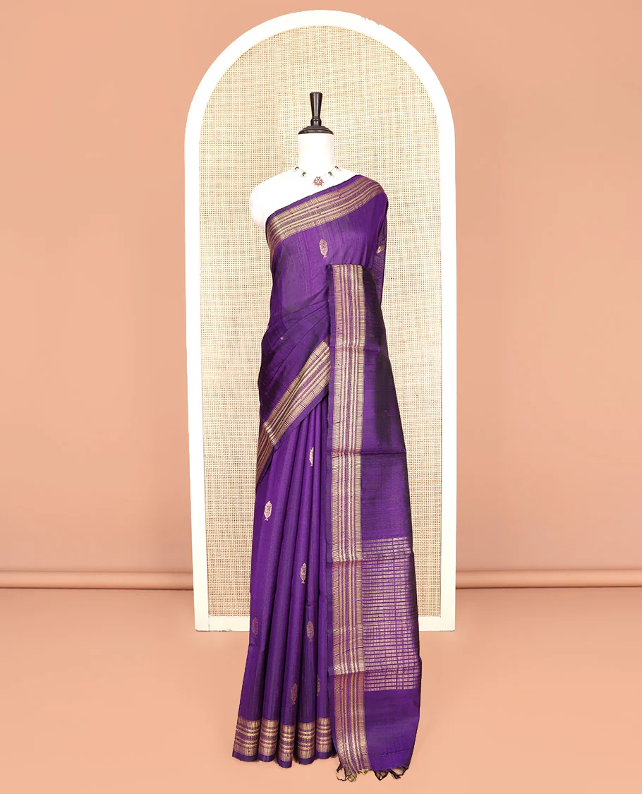 Violet Dupion Silk Saree Accentuated with Buttas All Over Its Body, Highlighted by a Self-Border of Geometric Patterns, Pallu Steeped with Stripes, and Paired with a Matching Blouse - Image 3