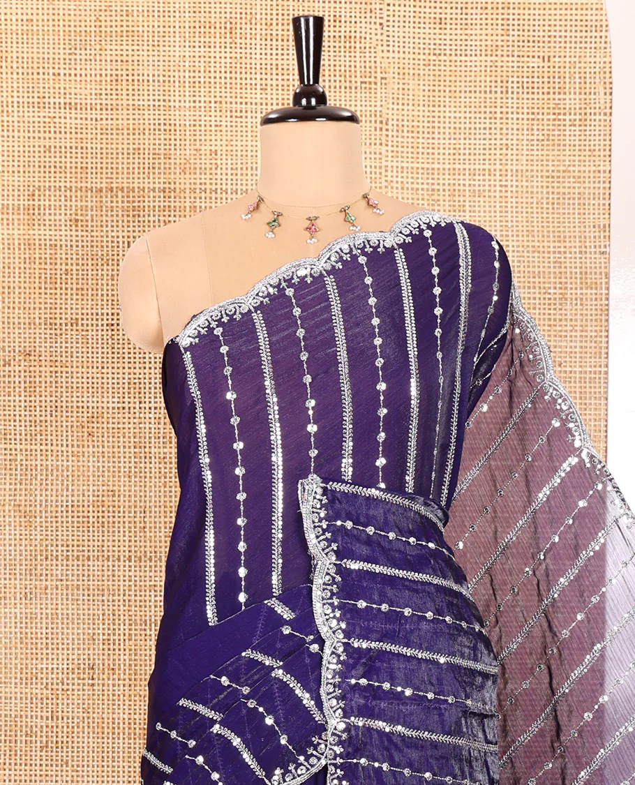 Violet Fendy Chiffon Saree Highlighted with Sequins and Thread Stripes Embroidery, Scallop Embroidered Border, Elegantly Embroidered Pallu, and Paired with a Matching Blouse - Image 2