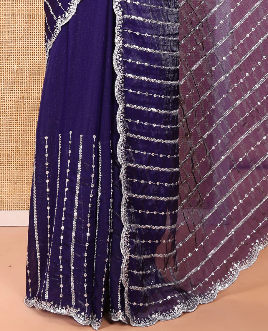 Violet Fendy Chiffon Saree Highlighted with Sequins and Thread Stripes Embroidery, Scallop Embroidered Border, Elegantly Embroidered Pallu, and Paired with a Matching Blouse - Image 3