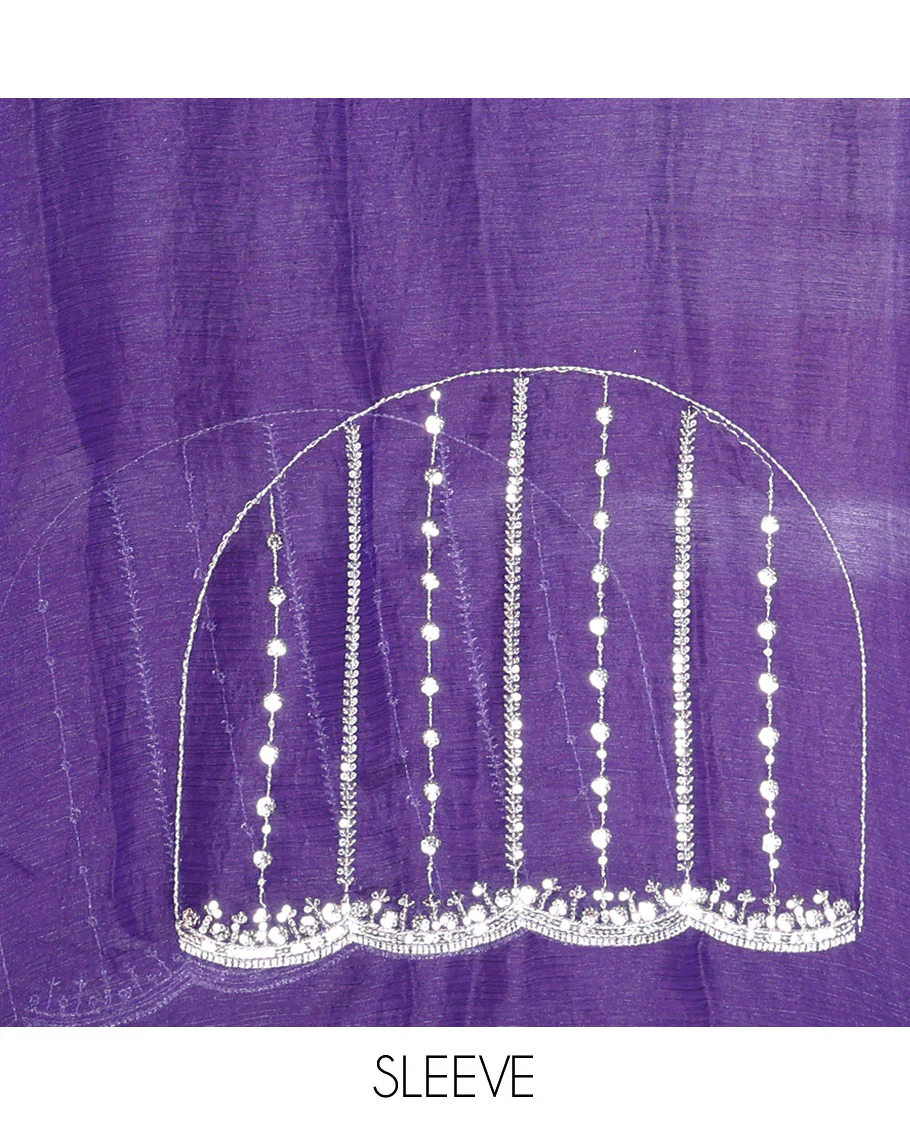 Violet Fendy Chiffon Saree Highlighted with Sequins and Thread Stripes Embroidery, Scallop Embroidered Border, Elegantly Embroidered Pallu, and Paired with a Matching Blouse - Image 4