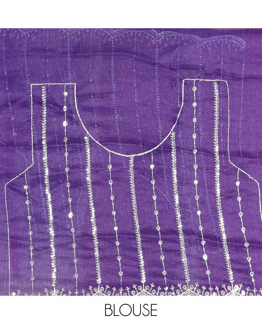 Violet Fendy Chiffon Saree Highlighted with Sequins and Thread Stripes Embroidery, Scallop Embroidered Border, Elegantly Embroidered Pallu, and Paired with a Matching Blouse - Image 5
