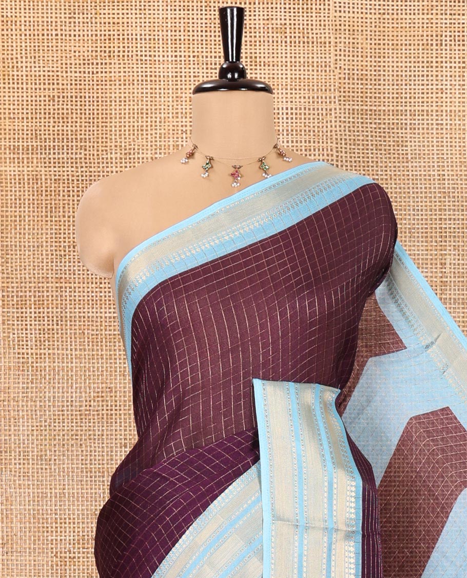 Violet Moss Chiffon Saree, Decked Up with Zari Checks All Over Its Body, Complemented by a Contrast Traditional Zari Design Border, Zari Striped Pallu, and Paired with a Contrast Blouse - Image 2