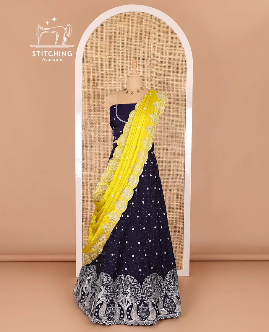 Violet half-saree, buttas, tree, and peacock motifs embroidered semi-taffeta silk top, matching blouse, and contrast scallop embroidered dhavani - Image 3