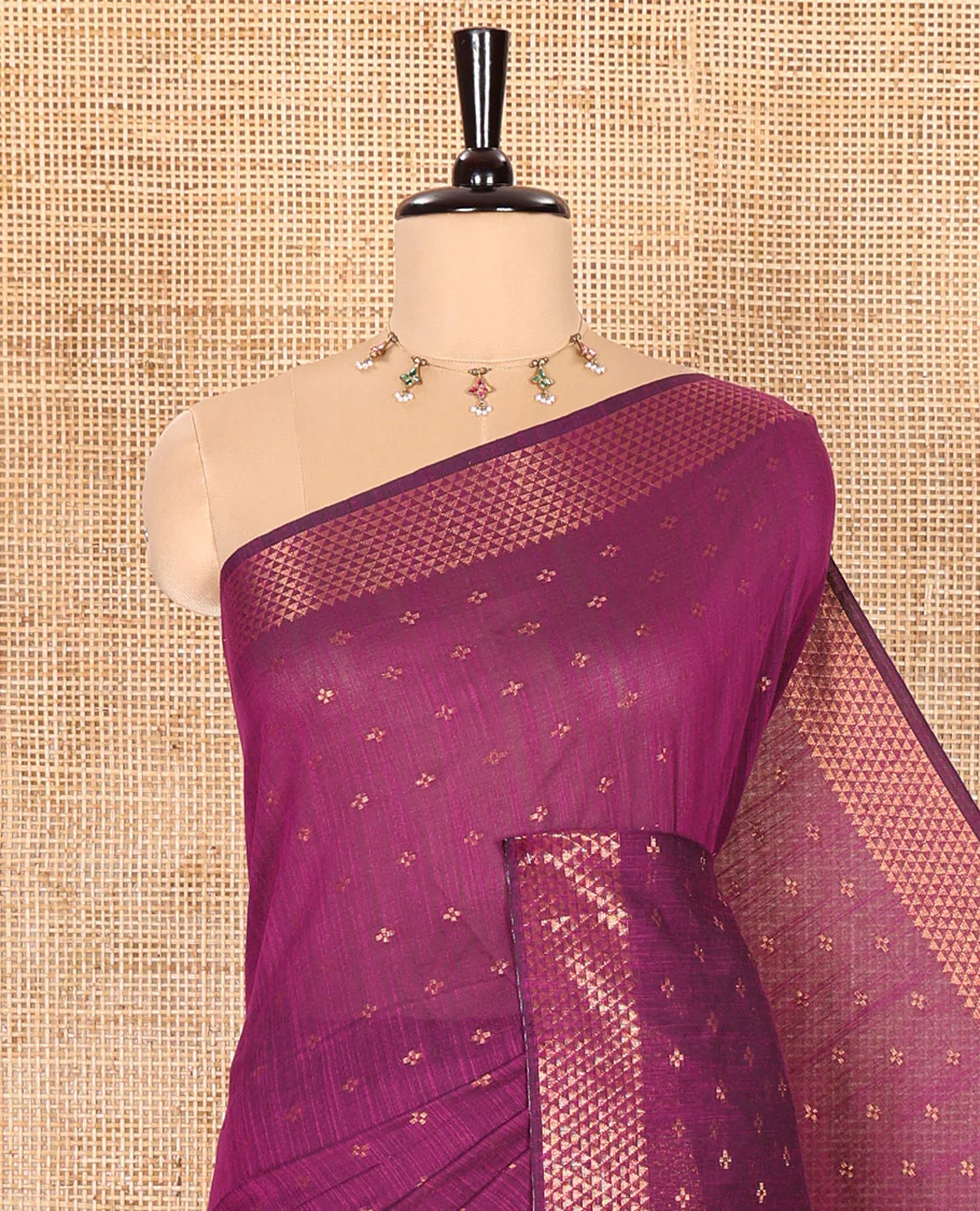 Violet Khadi Mul Cotton Saree Beautified with Plus-Shaped Zari Buttas Across Its Body, Featuring a Subtle Zari Border Adorned with Triangle Motifs, a Tissue Pallu, and Complemented by a Running Blouse - Image 2