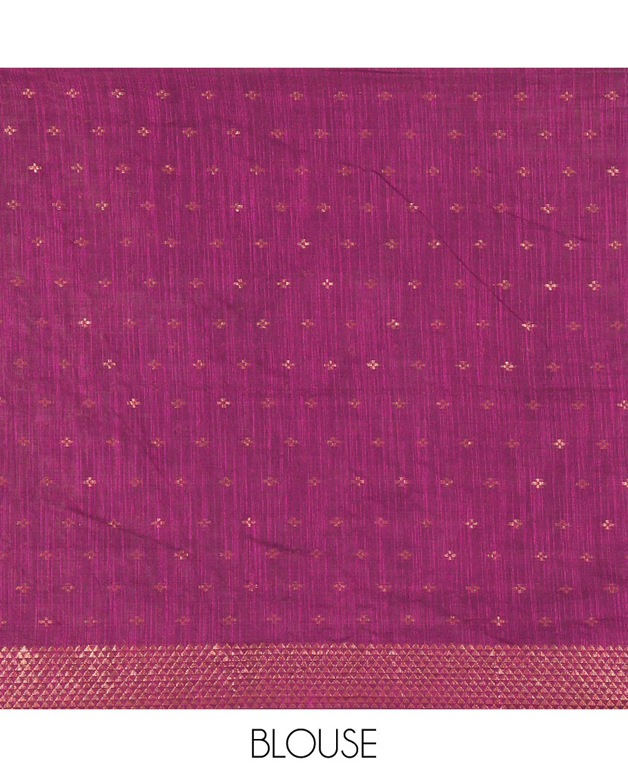 Violet Khadi Mul Cotton Saree Beautified with Plus-Shaped Zari Buttas Across Its Body, Featuring a Subtle Zari Border Adorned with Triangle Motifs, a Tissue Pallu, and Complemented by a Running Blouse - Image 3
